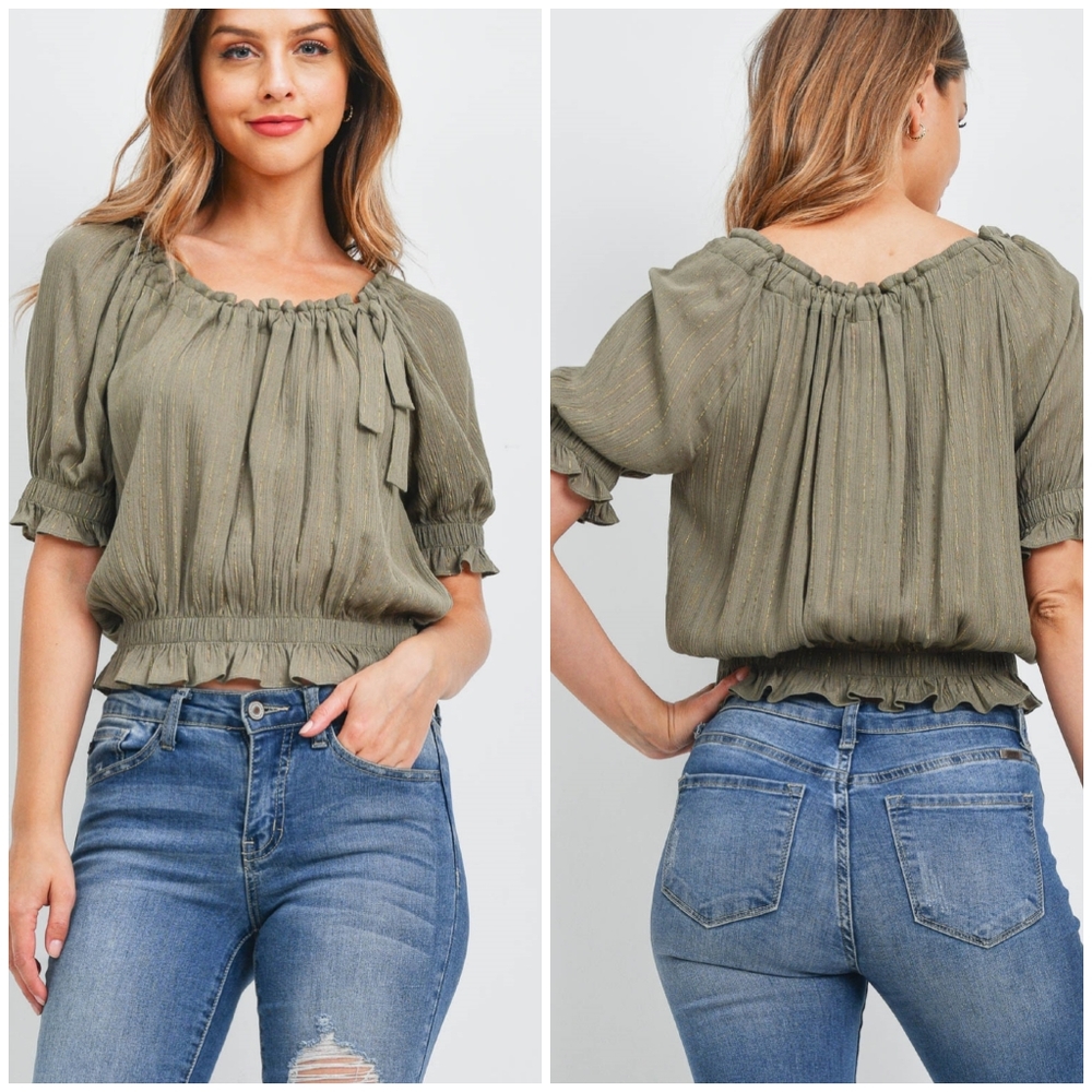 LAST 1❗️Re:Named Nordstrom Olive/Gold Off Shoulder Top - Picture 4 of 7
